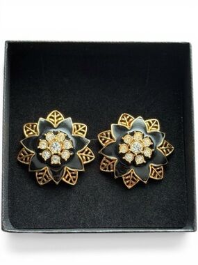 Vintage Avon "Festive Sparkle" Flower Pierced Earring Gold Tone Black Enamel